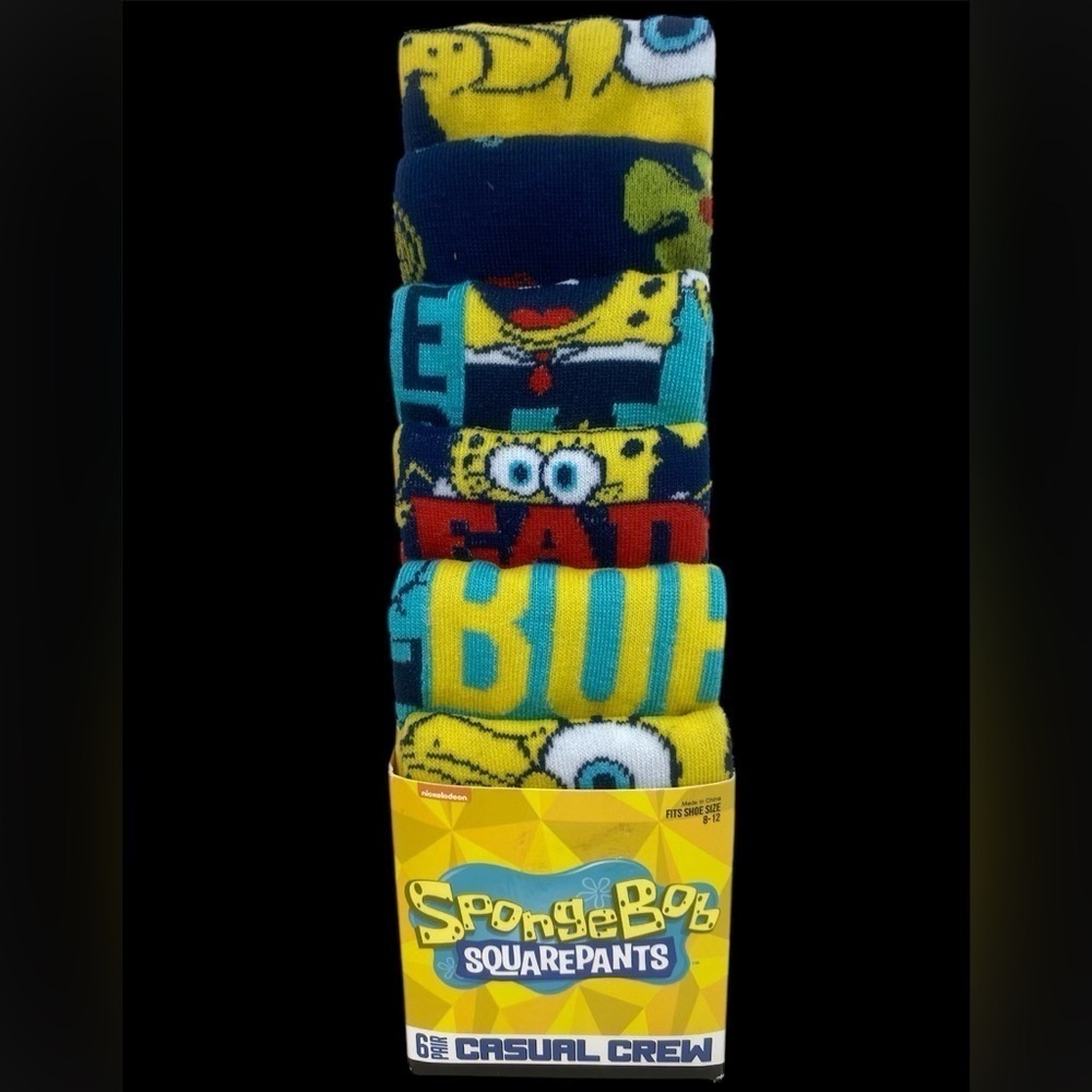 Spongebob Squarepants 6 Pair CREW SOCKS Men Size 8-12 Bioworld NEW Sponge Bob
